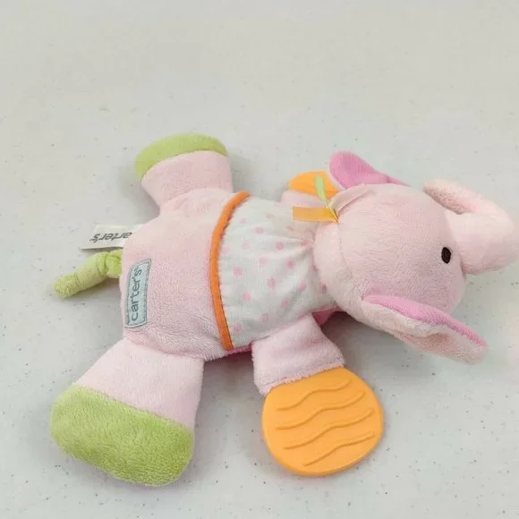 Carters Plush Elephant Baby Toy Pink Rattle Teether Crinkle Flat - Picture 5 of 8